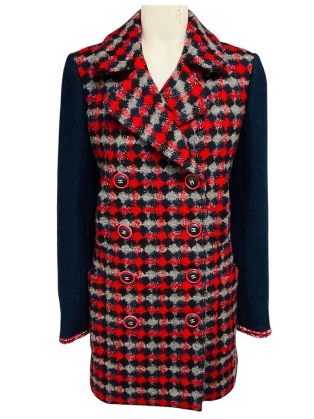 CHANEL RED / NAVY BLUE MULTI 2017 DOUBLE BREASTED WOOL TWEED COAT WITH CC LOGO B